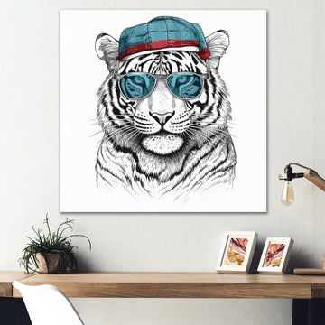 Blue Grey Tiger With Sunglasses - Tiger Fashion Canvas Wall Art